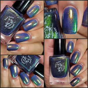 Red Eyed Lacquer has brought back "Reptiglow" for their Encore this month! From their 'Bioluminescent Animals' series, this was inspired by the Namibian Gecko.

"Reptiglow" is a blurple crelly with green shifting shimmer and a blurple glow.

12ml bottle

200 Cap