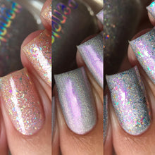 Penelope Luz brings a duo for Pride Month! 10% of proceeds will be donated to https://evoe.cc/casanem.  "Purple Rainbow" has silver holographic with intense purple/red shimmer.  "Raining Rainbow" has colorful iridescent flakes and holo flakes.  10ml Bottles