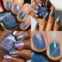 "Distance Wielder" is a grey based magnetic with a soft pink/beige pull that reveals a sparkling green to blue shimmer interlaced with orange to yellow flecks.

11.5ml Bottle