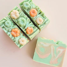 A handcrafted and vegan-friendly, coconut milk soap. This exclusive scent blend captures the essence of a crisp autumn day, with the freshness of biting into a juicy apple, the warmth of pumpkin spice, and the nutty sweetness of pumpkin peanut brittle with a hint of caramel and vanilla.

Topped with some soapy pumpkins.