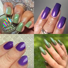 "Slay the Seance" is a royal purple creme with glowy fuschia shimmer.

"A Ghoul's Night Out" is an olive creme with blue green glowy shifty shimmer.

15ml Bottles