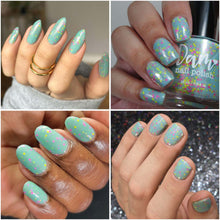 "Abby" is a light green crelly with assorted neon pink and yellow glitters with a dusting of pink to gold shifting shimmer.

15ml Bottles