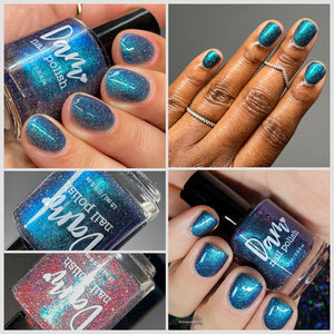 "Las Vegas" has a deep blue base with teal/blurple shifting shimmer and red reflective glitters.

15ml Bottle

200 Cap