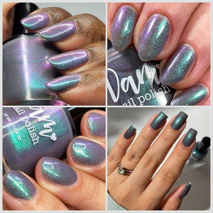 Dam Nail Polish continues their 'Bucket List Destinations' series!

"Northern Lights" has a gray base with a tinge of purple and green/aqua/purple/pink shifting shimmer.