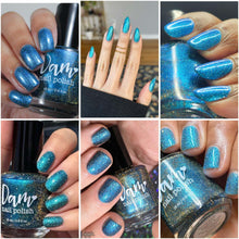 "Sunlight Sisters" has a deep blue base with light blue and blue shifting shimmers and gold reflective glitters.

15ml Bottle