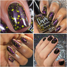 "Sussie" has a gray crelly base with purple/pink shifting shimmer and assorted yellow and black glitters.

15ml Bottle