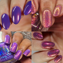 "Be Proud" is a violet crelly with copper glowy shimmer.

"Love Out Loud" is a topper with shifting shimmer gold green orange red
&amp; iridescent shifting flakes Rose orange gold lime plus holo glitter &amp; holo shreds in a purple tinted base.

Ways to wear this duo
Wear each alone as an individual polish
Wear topper over polish
Combine &amp; place topper between the polish

15ml Bottles