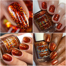 "Flutter in Fall" is a deep brick reddish brown with orange/yellow/gold crystal flakes, orange/gold glass flakes, and black flakes.

15ml Bottle