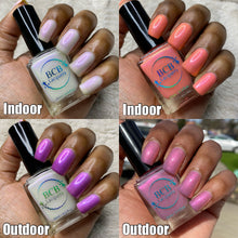 For Mother's Day, BCB Lacquers has created two SOLAR polishes! "We Have Food at Home" is a peach (indoor) to a blurple (outdoor) with pink/orange/gold shifting shimmer. "Because I Said So!" is a white (indoor) to bright purple (outdoor) with a purple/blue shifting shimmer. 15ml Bottles 200 Cap