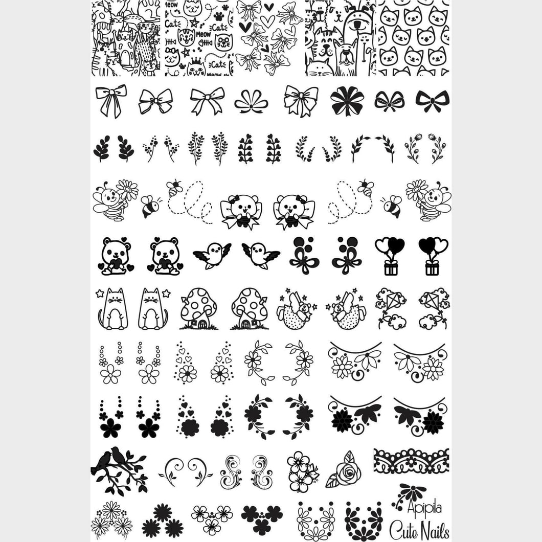 Apipila brings a stainless steel stamping plate, engraved in low relief, with designs inspired by a manicure with cute decoration.

10 x 15cm Plate

200 Cap

