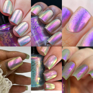 "Hello, Hello" is a pink/golden/green pastel shimmer, slightly green tinted.  "Looking For a Way Out" is an iridescent TOPPER with violet to red micro flakies, which also has a charcoal shift.  11ml Bottles