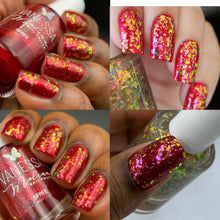 By Vanessa Molina continues their 'Super Heroes' theme with polishes inspired by Iron Man!  "High-tech" is a TOPPER with a mix of iridescent flakes and galaxy glitter.  "Armor" has a red/magenta base with aurora pigment.  11ml Bottles