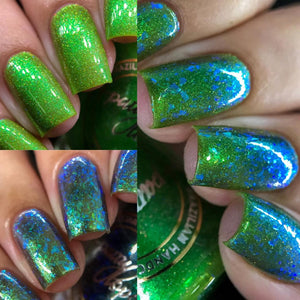 Indie Polish by Patty Lopes continues their 'Amazônia (Amazon Rainforest)' series with polishes inspired by the Amazon Rainforest!  "Canopy Vista" has a green base with aurora shimmer and micro glitters holo.  "Water Leaf" is a TOPPER that has a mix of iridescent and multichrome flakies.  10ml Bottles