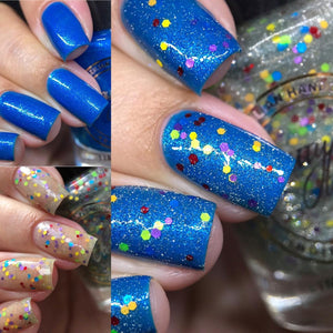 "Respect Equality" has a blue base with aurora shimmer.  "Celebrate Rainbow" has a mix of matte glitters and silver reflective glitters.  10ml Bottles