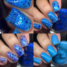 "Wonderful Sky" has a blue base with blue shimmer.  "Blue" has iridescent flakies, blue metallic flakies and blue holo micro glitters.  11ml Bottles