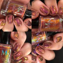 "Lux" has a brown jelly base with purple aurora shimmer and holographic pigment.  "Elementalist" has a clear base with orange/pink aurora shimmer and black to red micro flakies.  10ml Bottle