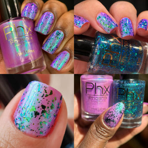 Phoenix Indie Polish begins a new series inspired by 'Cardcaptor Sakura!' The first polishes are inspired by two cards of the same name!

"The Bubbles" is a cold pink with little green to blue iridescent micro flakes.

"The Watery" is a mix of iridescent green to blue and chrome green flakes and iridescent micro flakes.