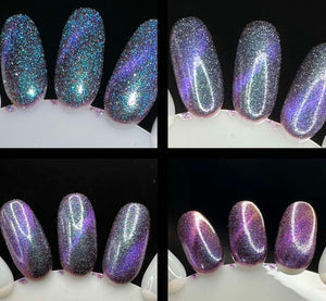 Luna Lacquer will be donating $2.50 from each bottle to All Hearts and Hands.

"Weathering the Storm" is a blue to pink shifting chameleon shimmer with purple to pink shifting magnetic and blue flash reactive reflective glitters.