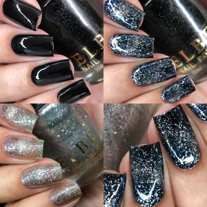 ELBE Nail Polish begins a new series inspired by 'Despicable Me,' with the first polishes inspired by Gru!

"Supervillain" is a black jelly with holographic microparticles.

"Nice" has silver magnetic flakes with green and blue shimmer.