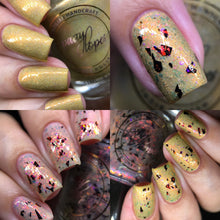 Indie Polish by Patty Lopes continues their 'Amazônia (Rainforest)' series!

"Big Cat" has a beige base scattered holo with copper shimmer.

"Rainforest River" has a pink/orange/gold iridescent flakies, black flakies.