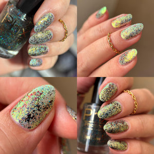 Phoenix Indie Polish continues their 'Cardcaptor Sakura' series with polishes inspired by two cards!

"The Mirror" has a blue jelly base with golden/green/ turquoise iridescent micro flakies.

"The Shadow" has a clear base with red/copper/black multichrome flakies and green galaxy glitter.