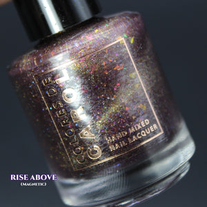 Colores de Carole will be donating $3.50 per bottle to&nbsp;care.org.&nbsp;

"Rise Above" has a multichrome purplish base with iridescent chameleon flakes, UCC flakes, holographic micro glitter, holographic flakes and shifting micro shimmer with a green/gold magnetic effect.