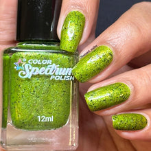 "Whoa, No Way! We are Not Eating That." is a pea green with lime shimmer, green-blue iridescent micro flakes, purple aurora, holo and black micro flakes.

12ml Bottle

100 Cap