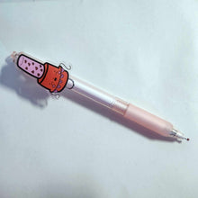 The pen has an acrylic red with a pink cap holding a string of hearts nail polish charm. The pen has a pink plastic casing with a fine point gel ink, just substitute one for another.

Pen point size: 0.5mm