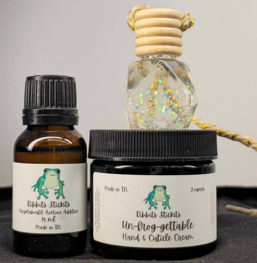 Ribbits Stickits has created a set for Pride month! 

Included in the set: 
15ml Acetone Additive
2 ounce Hand & Cuticle Cream
Hanging Air Freshener

Items scented in Strawberry, satsuma, blood orange, goji berry, peach, mango, grapefruit, pink pepper, ginger flowers, lime, blueberry, blue violet, creamy vanilla and sugar crystals, with hints of clove and musk.