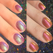 "Those Heavy Days in June" has a red-purple base is filled with a mix of blue, purple, gold, and fuchsia holographic microglitters, aqua-shifting Aurora shimmer, and holographic microflakes.

"When Love Became an Act of Defiance" has a warm brown crelly base is accented with pink-shifting Aurora shimmer.

12ml Bottles