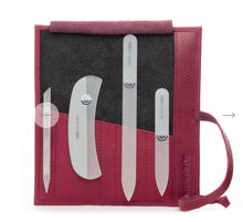 GERMANIKURE - Four Piece Glass Nail File Set In Pink Raspberry Leather Roll Up Case