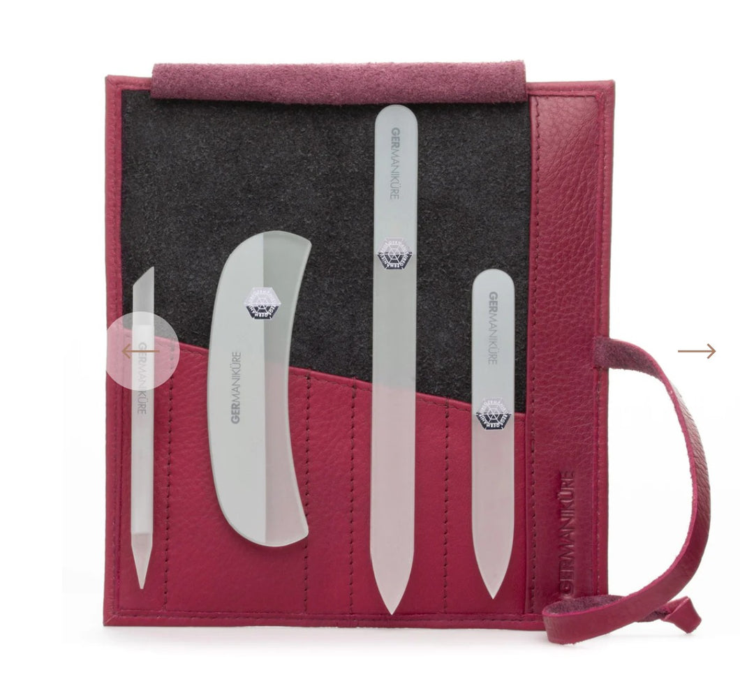 GERMANIKURE - Four Piece Glass Nail File Set In Pink Raspberry Leather Roll Up Case