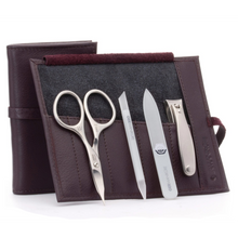 GERMANIKURE -  Four Piece Set:  Scissors, Clippers, Glass File, Manicure Stick in Dark Purple Leather