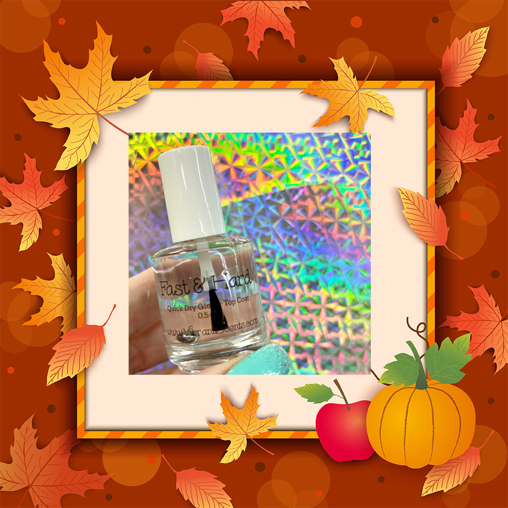 Pumpkin Apple Butter - Top notes of orange, apple, pear, pineapple, and cherries; middle notes of pumpkin, cinnamon, nutmeg, and clove; with base notes of warm vanilla. Unique, and simply amazing!

A fan favorite, award winning quick dry glossy top coat.
