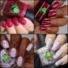 "I'm Not Bad, I'm Just Drawn That Way" has a bright red jelly base with ruby red and red holo glitter and a touch of purple to red multichrome.

"P-p-p-please, Eddie!" has a white crelly base full of fire red holo, cherry red hex, banana yellow hex, canary yellow squares, and matte neon blue square glitters.

15ml Bottles