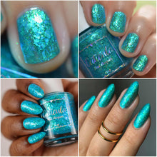 "Closest Thing We Have To Magic" has an aqua base with aqua/blue/green iridescent flakes and a scattering of green sparkly shimmer.

15ml Bottle