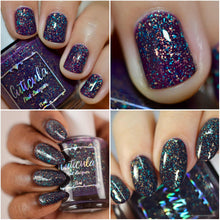 "Trident of Neptune" has a deep blackened plum base with aqua and gold metallic flakes.&nbsp;

15ml Bottle