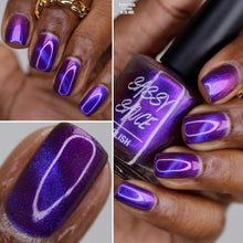 "Dangerous Curves" has a vampy blurple magnetic base. When magnetized, it will pull a glowey blue cat eye and leave a purple/red glow in the background.

15ml Bottle