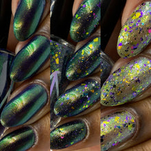 "Witching Hour" has a violet jelly base with aurora pigment.

"Poisoned Glow" is a clear based topper with aurora pigment, matte glitter mix, and Ucc flake.

11ml Bottles