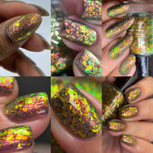 "Halloween in Hawkins" is a sage green with red to green shimmer.

"Ghost Busters" is a mix of black and iridescent flakies.

11ml Bottles