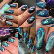 "Can’t Read My" has a deep teal base with violet to red burning shimmer.

"Poker Face" has silver magnetic pigment with green to blue iridescent flakies and shimmer.

11ml Bottles