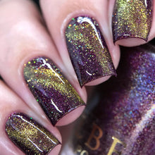 "Manipulator" is a burgundy holographic polish.

"Sarcastic" is a golden magnetic with gold holo glitter.

11ml Bottle