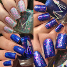 "Starborn Queen" has an electric blue matte base with holographic pigment.

"Dreamlight Wings" is a turquoise micro-flake topper with reflective glitter, and iridescent flakes in a clear base.

11ml Bottles