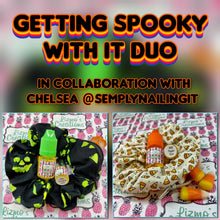 2 Scrunchie+ duos in Collaboration with Chelsea @semplynailingit (the Halloween Queen!)
1. Poppin Corn - a cream colored fabric with little candy corns repeating with a light gray zipper to complement the little dots between the candy corn.
Inside is a 2ml cuticle oil scented with Poppin Corn
Plus a 5ml refill bottle scented with Poppin Corn
Scent Description - A hauntingly sweet mix of candy corn and caramel corn — a spooky treat that’s buttery, sugary, and a little bit wicked
2. Pumpkin Eater - a black fa