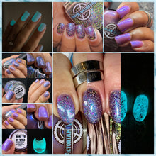 "My Playlist is Humerus" is a reflective topper in a graveyard grape jelly base, aurora shimmer in aqua/blue with UCC flakies and reflective glitters in neon green and gold. Can be used as a topper over Bone to Be Wild.

"Bone to Be Wild" (GITD) has a bone chilling neutral toned base, with an intense purple to blue shimmer and aqua glow in the dark.

17ml Bottles