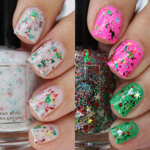"Sleigh What?!" is a a white crelly with red and green metallic shreds, holo micro glitter, stars, snowflakes and christmas trees.

"Oh Snow, You Didn't" has a clear base with red and green metallic shreds, holo micro glitter, stars, snowflakes and christmas trees.
*Note: Some swatches shown over various base colors.

15ml Bottles