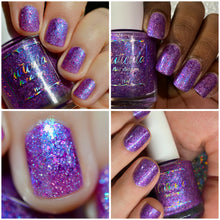 "Social Butterfly" has a purple jelly base with striking blue shimmer, fuchsia flakes in various sizes, and silver holographic flakes.

15ml Bottle