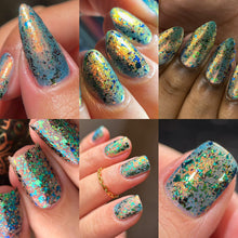"Gaze of Stone" has a blue jelly base with red / orange / golden aurora shimmer.

"Wrath of Medusa" a has clear base with green to blue, red to black multichrome flakies and gold holographic glitter and golden reflective glitter.

11ml Bottles
