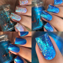 "Water Dragon" is a blue magnetic with blue aurora shimmer scattered holo.

"Ceres" is a topper with blue/teal iridescent flakies and light blue matte glitters.

10ml Bottles