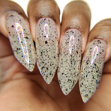 "Andy &amp; Randy" has a clear base with pink/copper/gold/green shimmer, light blue reflective glitters, multicolored flakies and black micro flakies. Can be worn as a topper or built up to opacity.

15ml Bottle